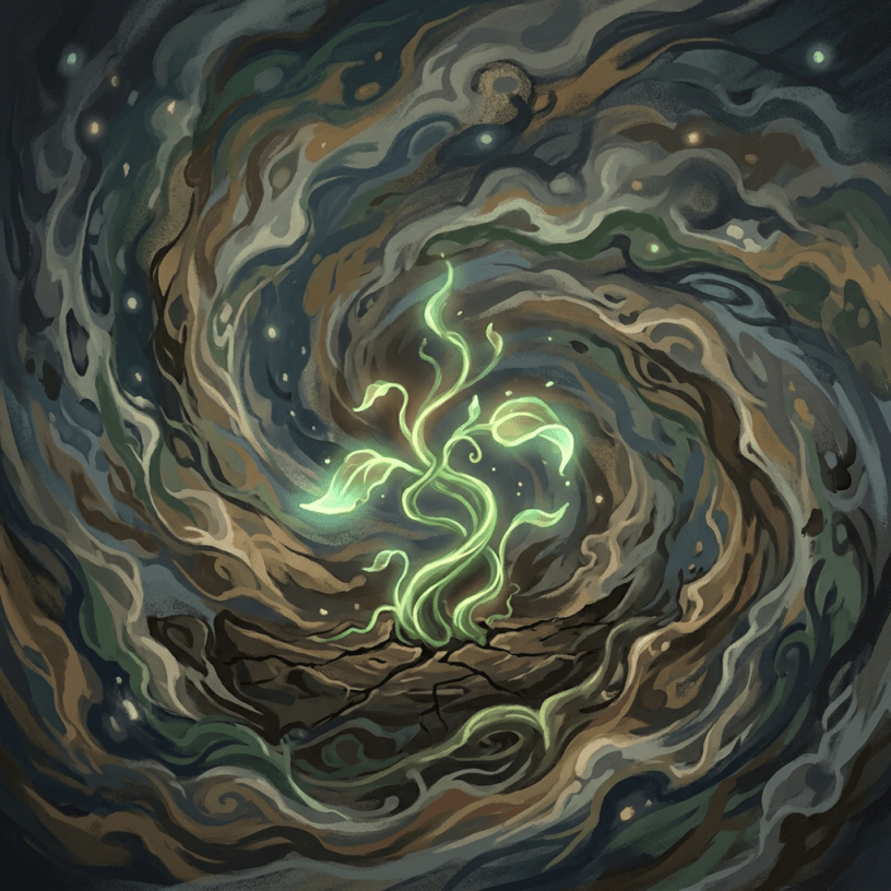 Glowing green plant sprouting from dry cracked ground with swirling colorful mist around it