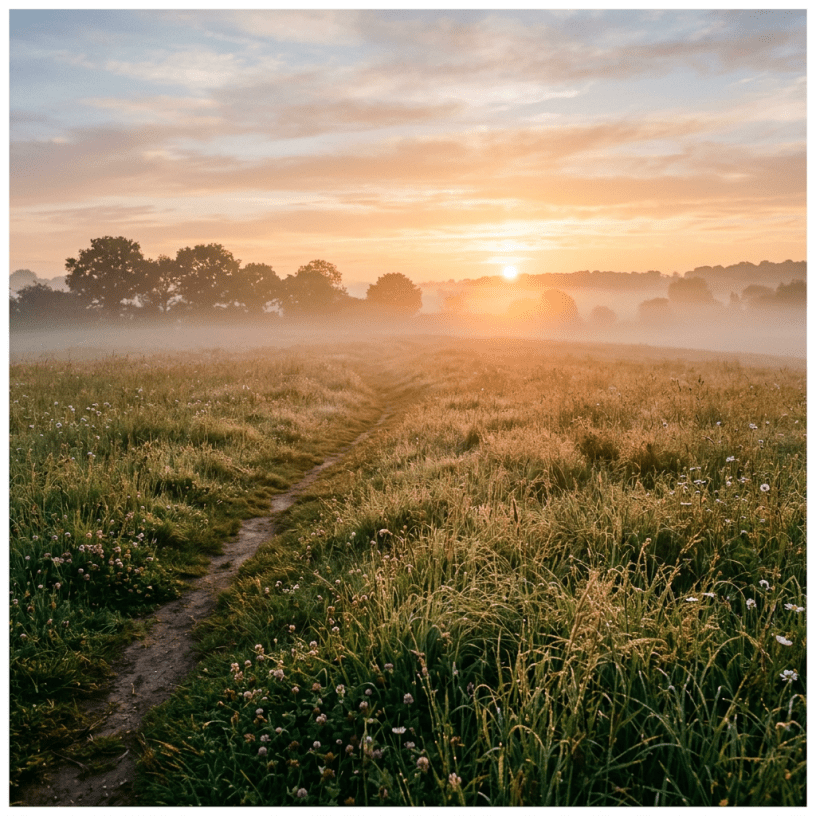 Dirt path through grassy meadow with wildflowers at sunrise and mist