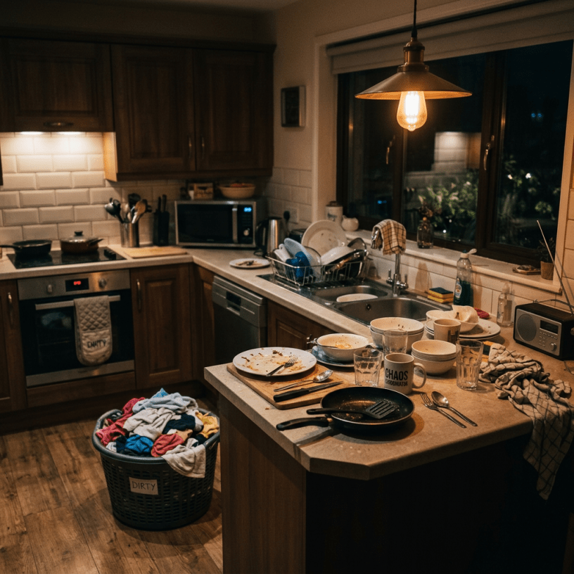 Kitchen countertop cluttered with dirty dishes, utensils, and cups with a laundry basket full of clothes on the floor