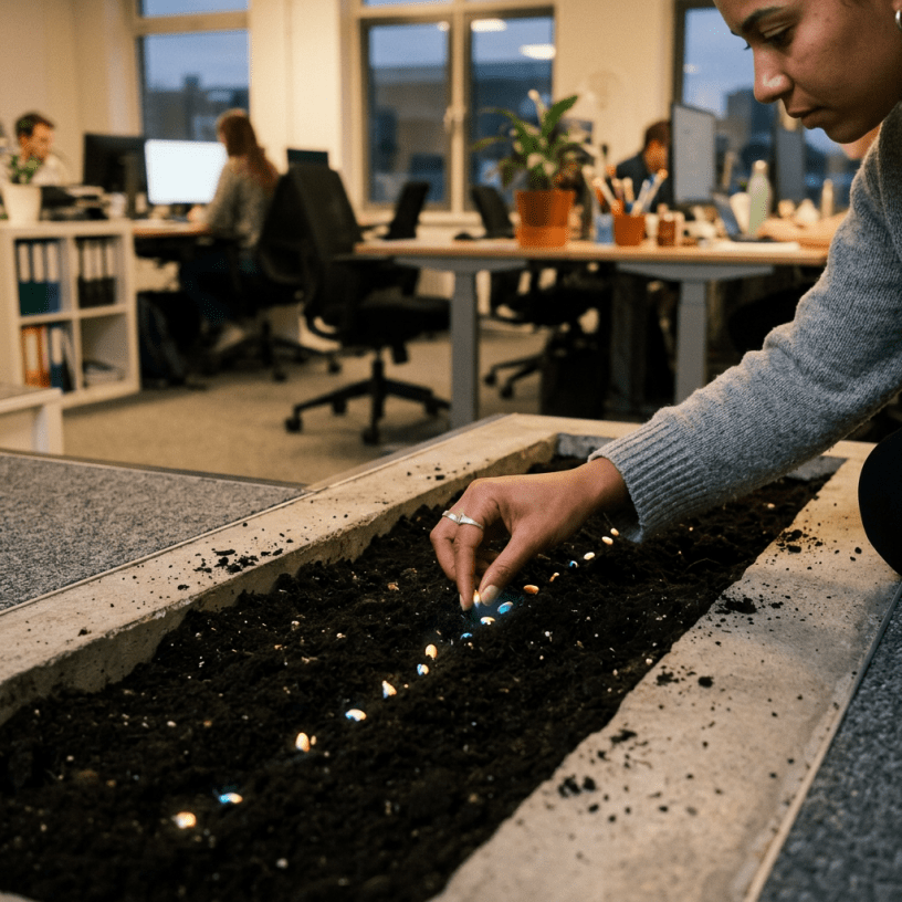 Hands planting glowing seeds in office floor soil