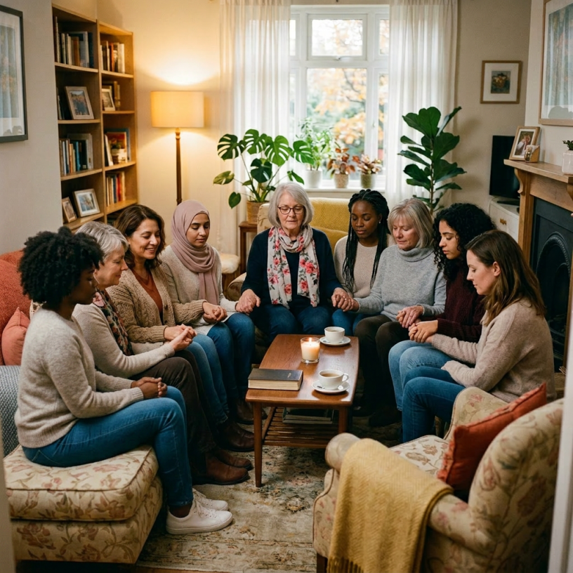 Seven women sitting in a circle holding hands in a living room with a lit candle and tea cups on the table