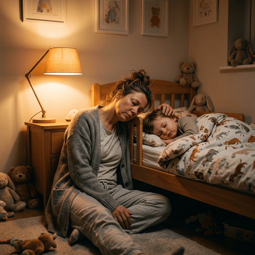 Mother sitting beside child's bed gently touching sleeping child in a softly lit room