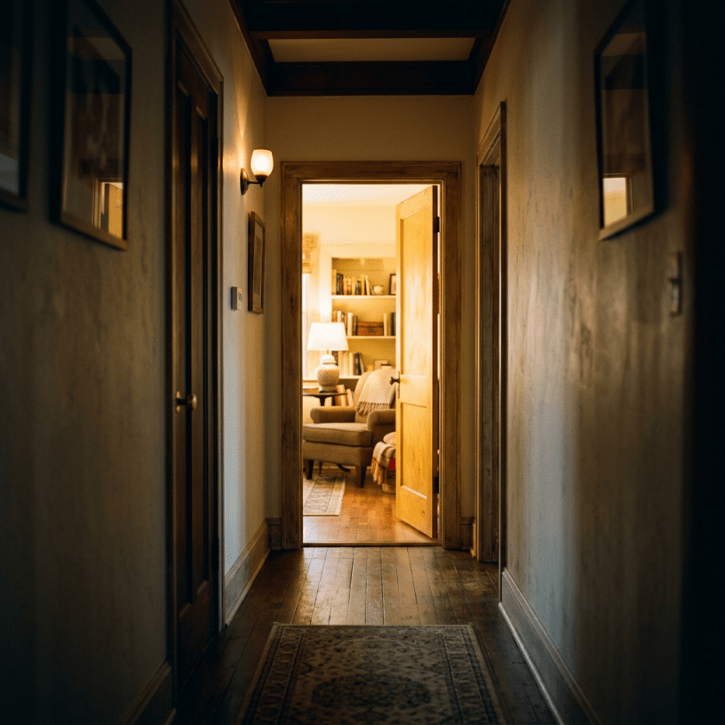 Hallway with wooden floors and walls leading to a room with armchair, lamp, and bookshelf