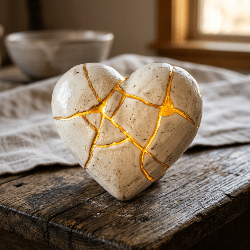 Heart-shaped ceramic sculpture with golden repaired cracks on wooden table