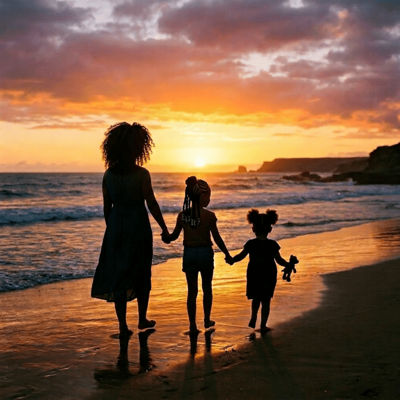 Mother with two children holding hands walking on beach at sunset