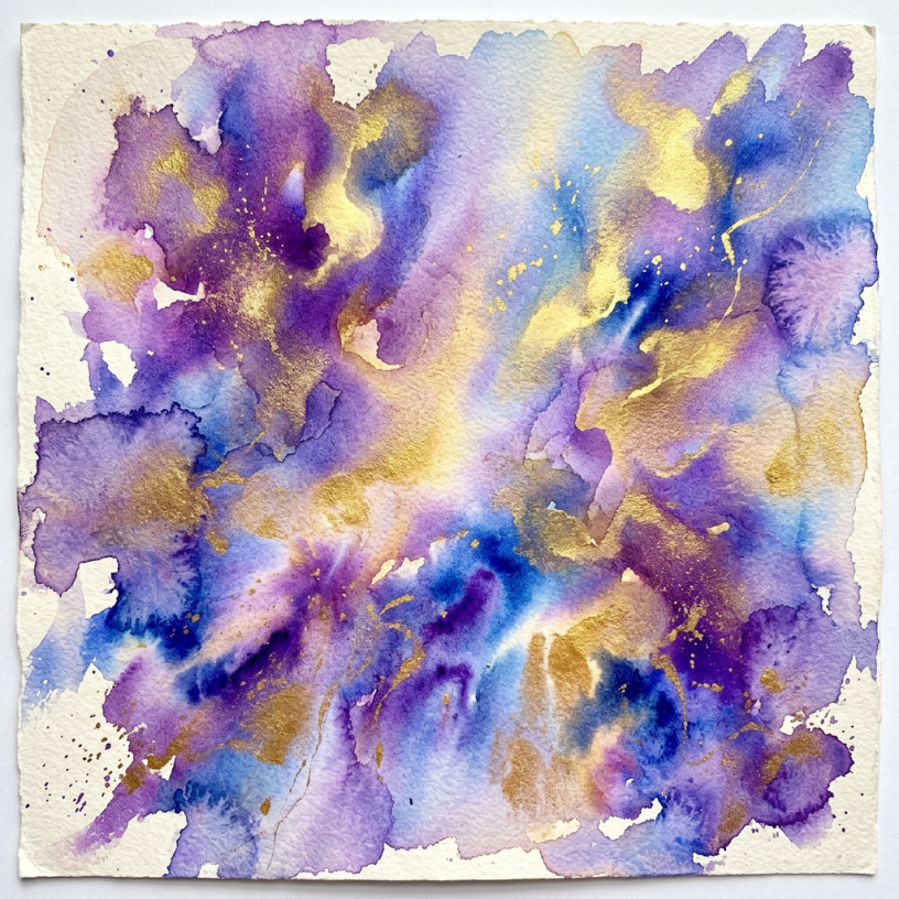 Abstract watercolor painting with purple, blue, and gold colors blending together