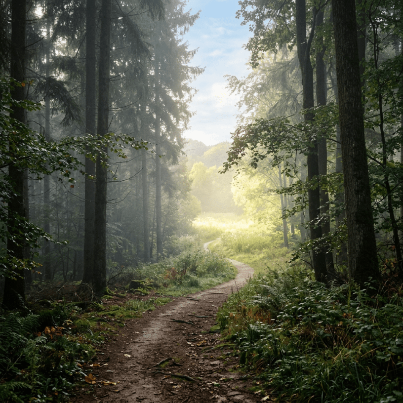 Dirt path winding through dense forest with sunlight filtering through trees